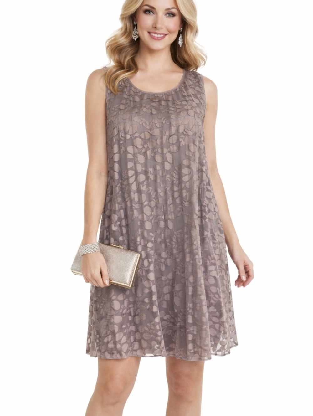 Max Studio Taupe Swing Cocktail Dress Sheer Lace Overlay Lined, Size M